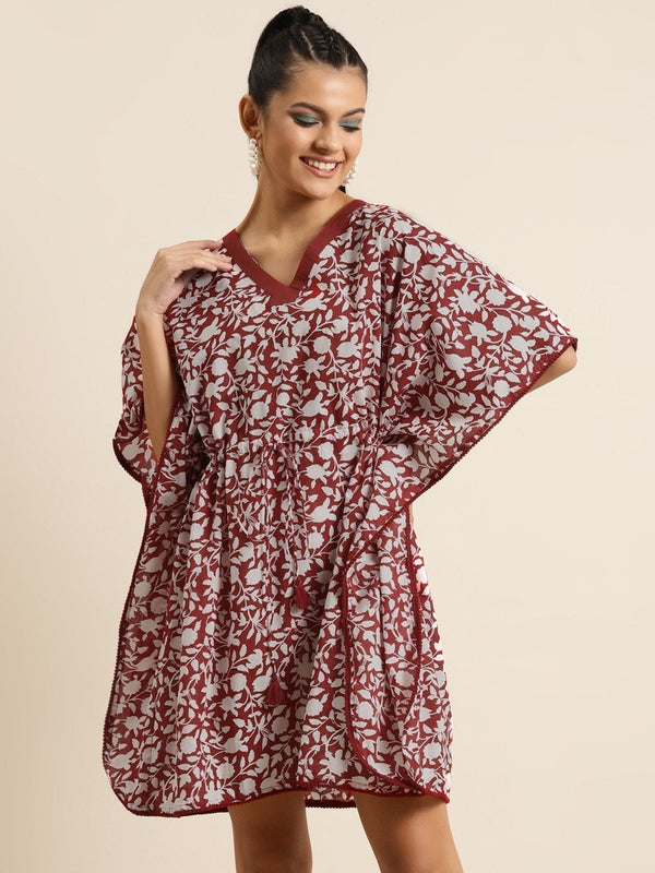 Women's Red Floral Pom Pom Lace Short Kaftan - SHAE