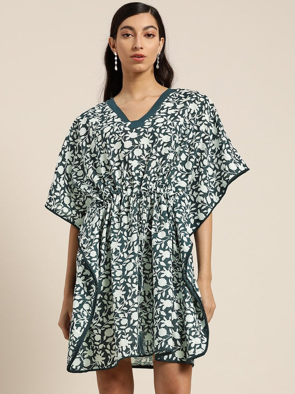 Women's Navy Floral Pom Pom Lace Short Kaftan - SHAE