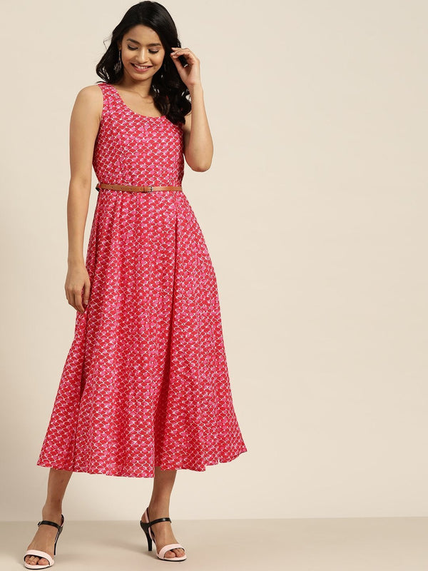 Women's Pink Scallop Print Sleeveless Anarkali Dress - SHAE