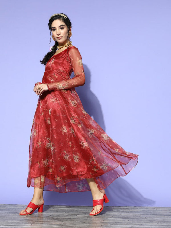 Women's Maroon Organza Floral Anarkali Maxi Dress - Lyush