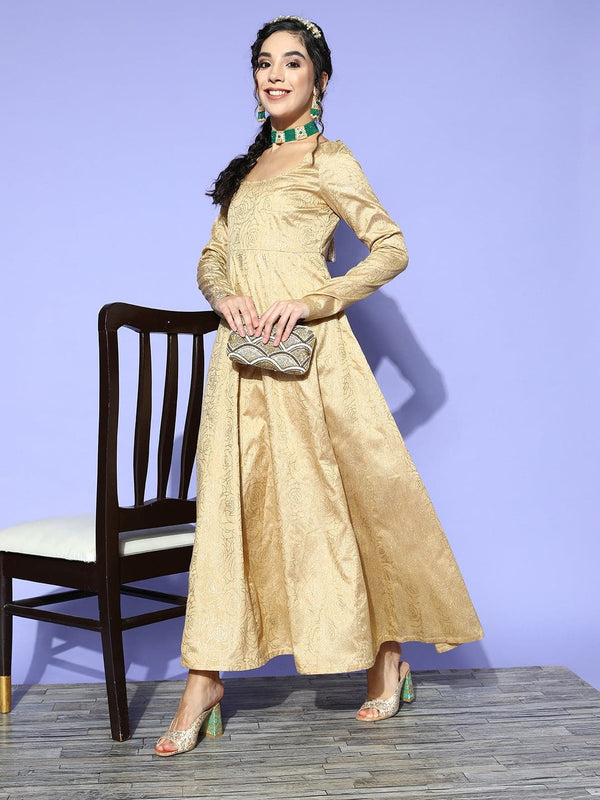 Women's Gold Chanderi Foil Anarkali Maxi Dress - Lyush