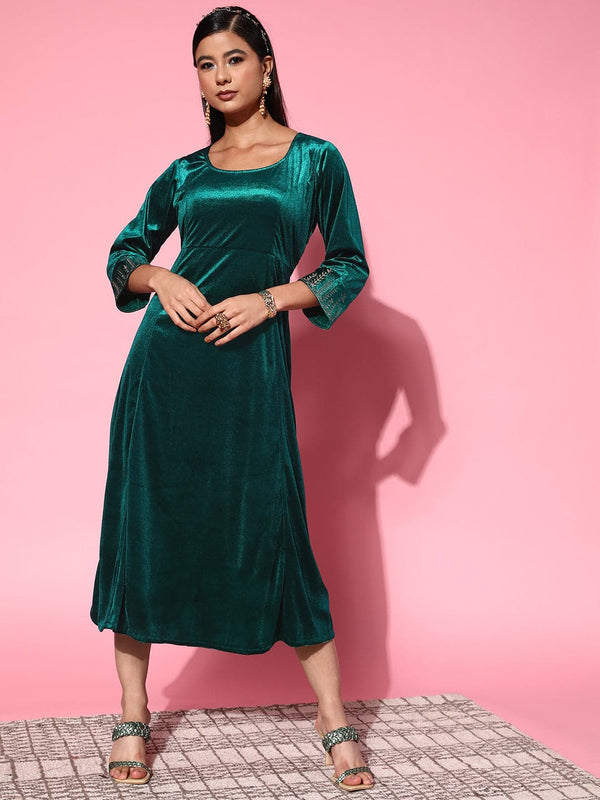 Women's Emerald Green Velvet Zari Emb Anarkali Dress - Lyush