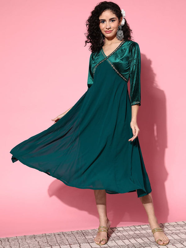 Women's Emerald Green Velvet Zari Embroidered Dress - Lyush