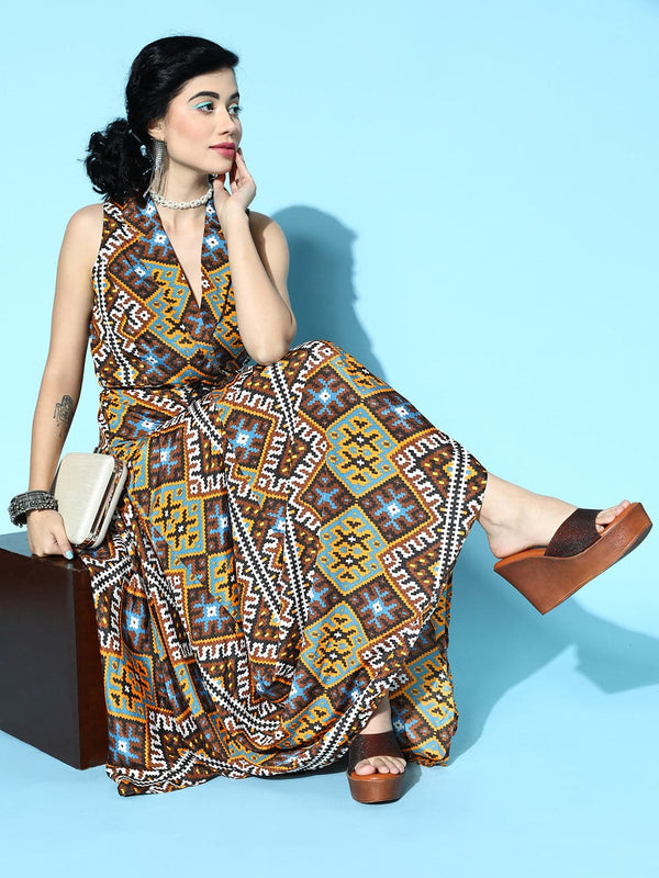 Women's Mustard Geometric Print Shirt Collar Dhoti Dress - Lyush