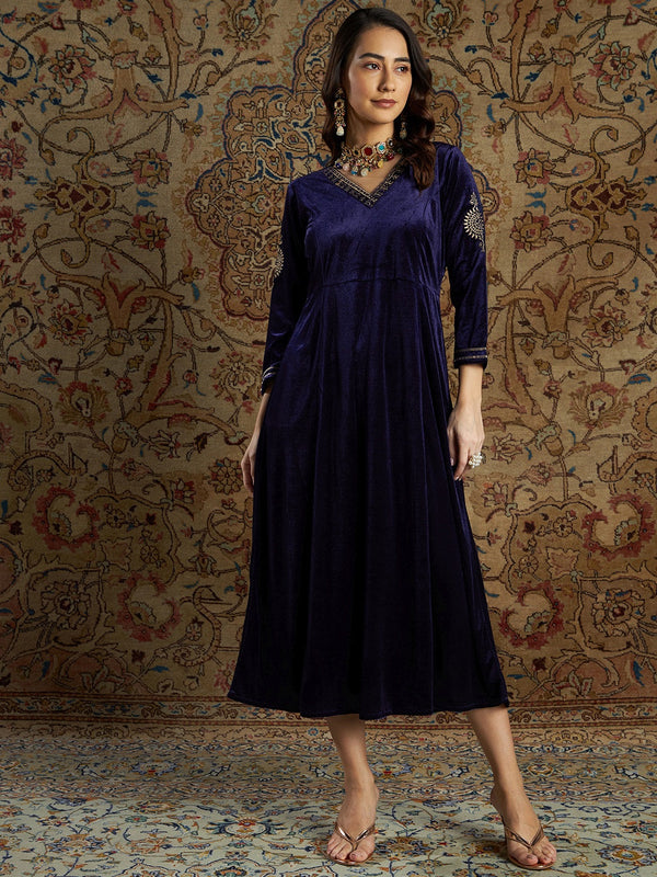 Women's Navy Velvet Zari Embroidered Anarkali Dress - Lyush