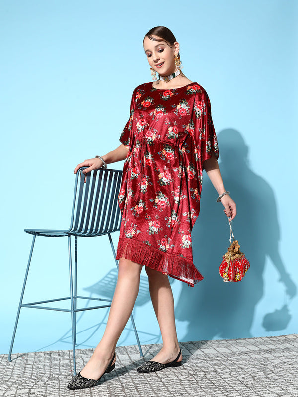 Women's Maroon Floral Velvet High Low Kaftan Dress - Lyush