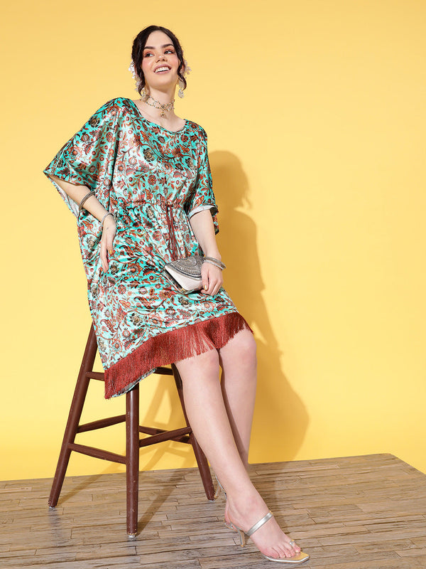 Women's Sea Green Floral Velvet High Low Kaftan Dress - Lyush