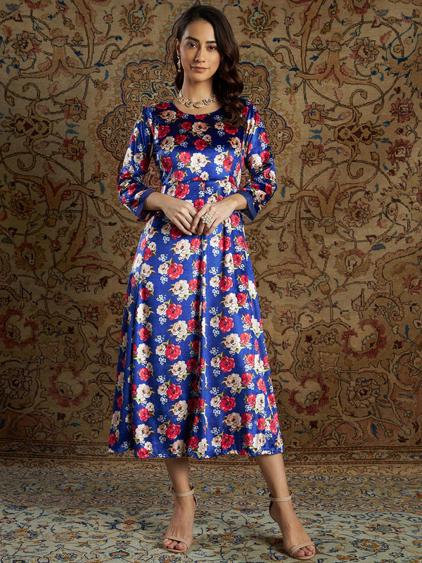 Women's Royal Blue Floral Velvet Printed Anarkali Dress - Lyush