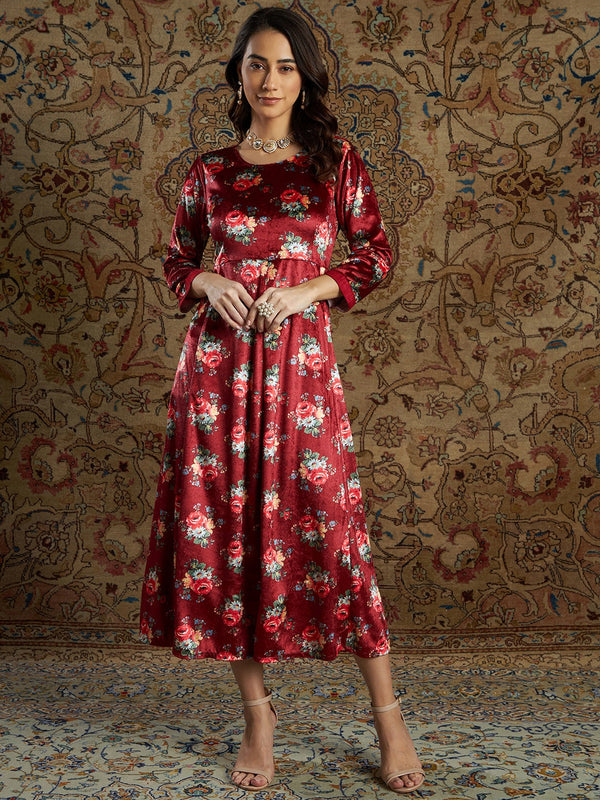 Women's Maroon Floral Velvet Printed Anarkali Dress - Lyush