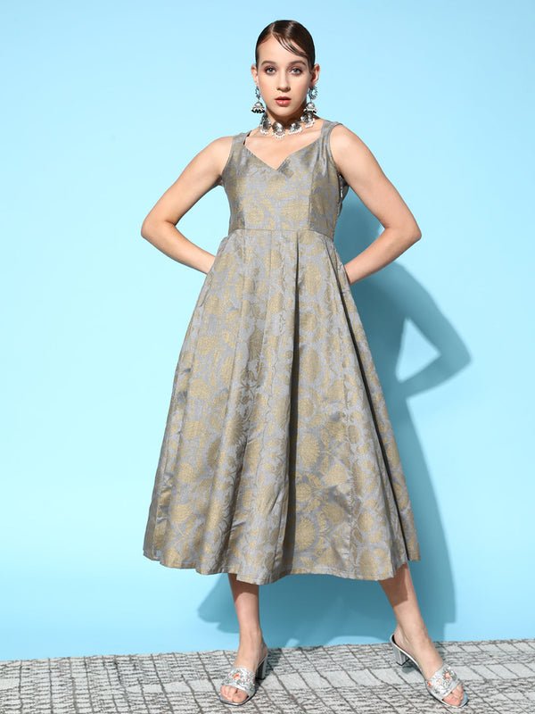 Women's Grey Brocade Floral Sweetheart Anarkali Dress - Lyush