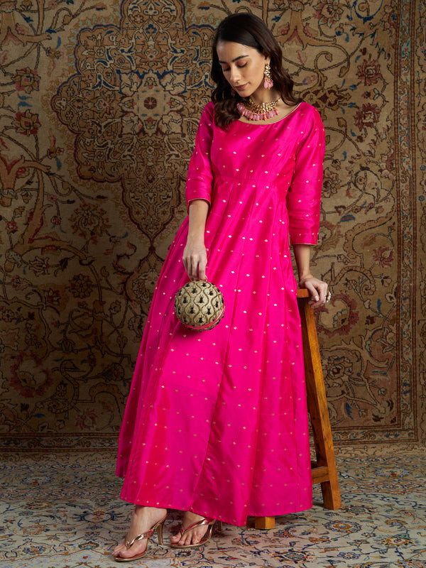 Women's Fuchsia Jacquard Anarkali Maxi Dress - Lyush