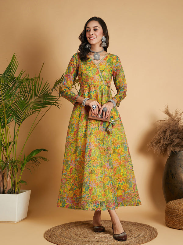 Women's Lemon Yellow Floral Anarkali Maxi Dress - Lyush