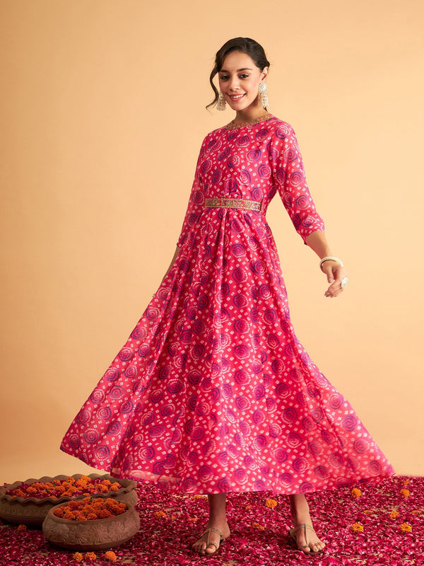 Women's Fuchsia & Blue Bandhej Anarkali Dress - Lyush