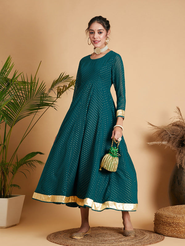 Women's Emerald Dot Foil Print Anarkali Dress - Lyush