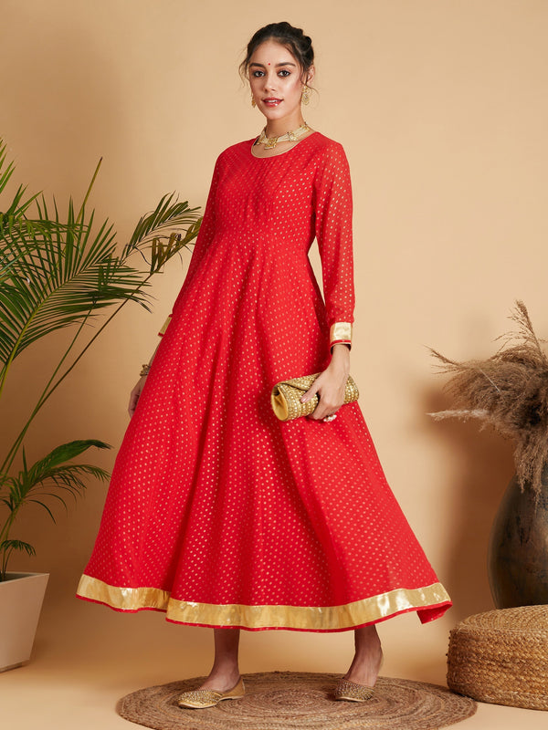 Women's Red Dot Foil Print Anarkali Dress - Lyush