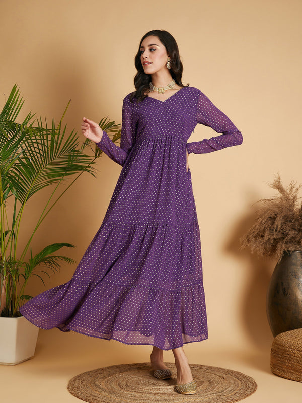 Women's Purple Dot Foil Print Tiered Maxi Dress - Lyush