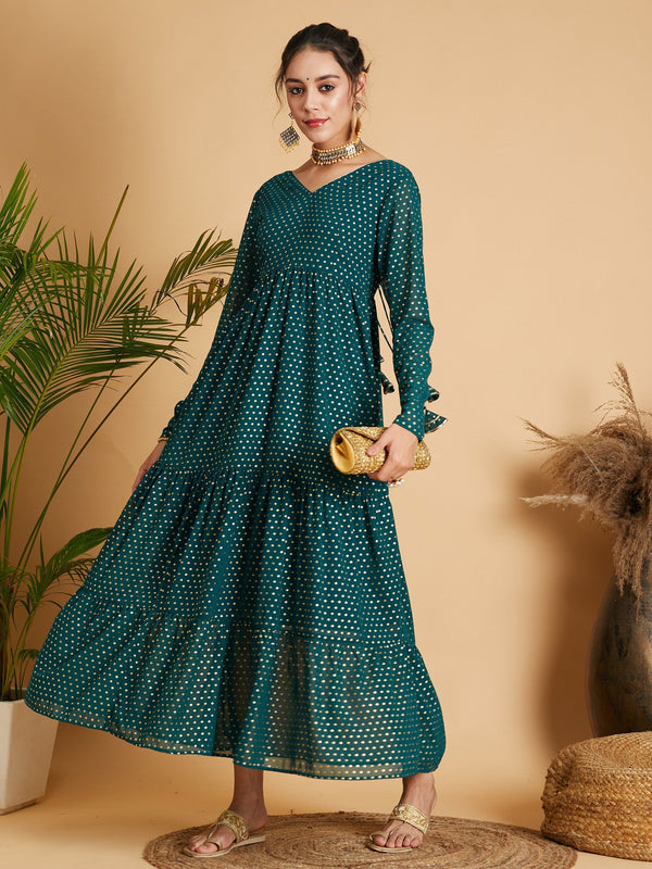 Women's Emerald Dot Foil Print Tiered Maxi Dress - Lyush