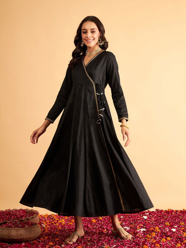 Women's Black Angrakha Anarkali Dress With Slip - Lyush