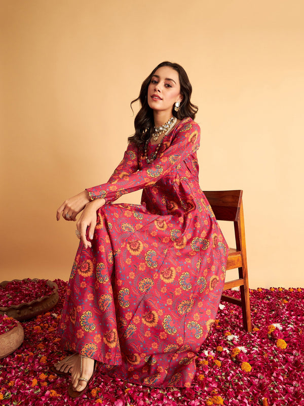 Women's Fuchsia Floral Anarkali Maxi Dress - Lyush