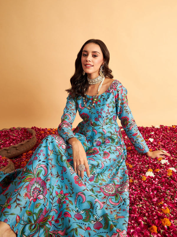 Women's Blue Floral Anarkali Maxi Dress - Lyush