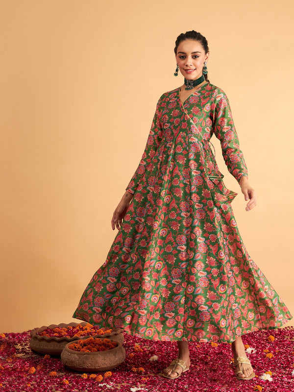 Women's Green Floral Wrap Anarkali Maxi Dress - Lyush