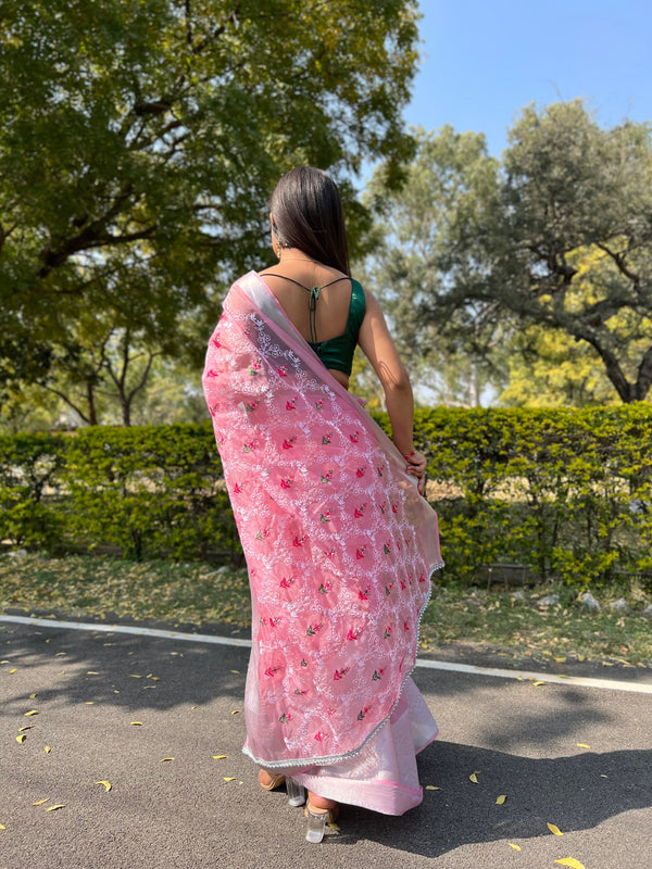 Women's Light Pink Chikankari Work Saree - VAMSEE