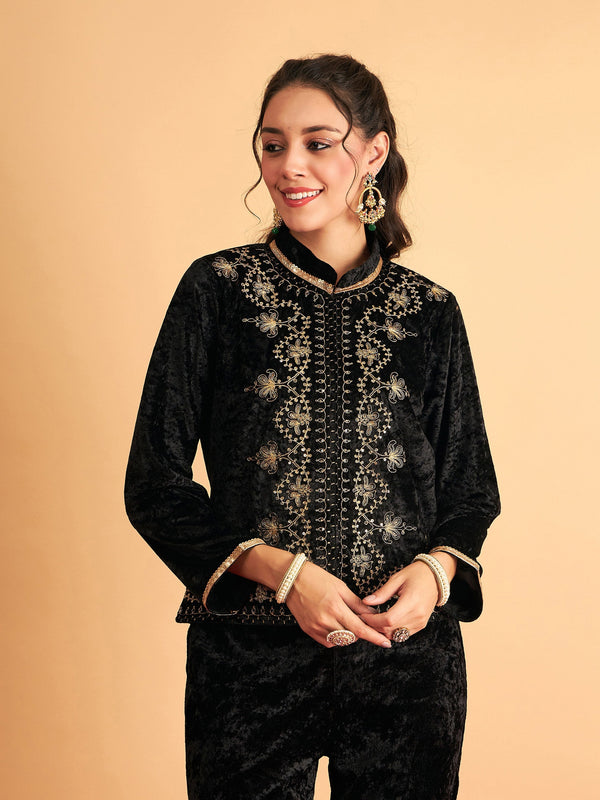 Women's Black Velvet Front Embroidered Jacket - Lyush