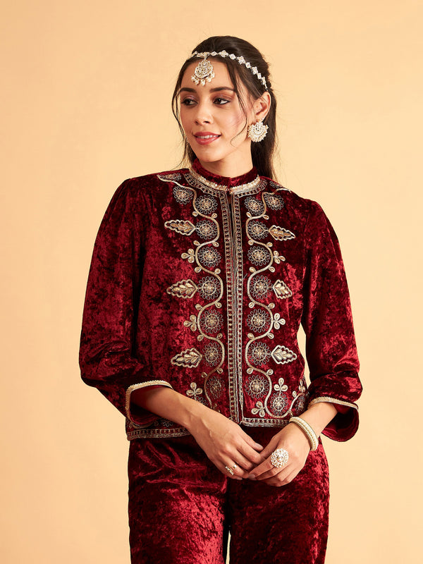 Women's Maroon Velvet Front Embroidered Jacket - Lyush