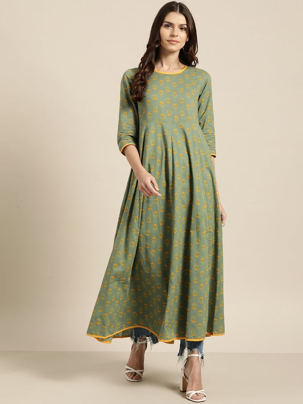 Women's Olive Floral Anarkali Kurta - SHAE