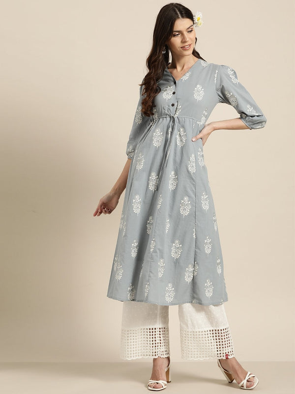 Women's Pale Blue Glitter Foil V-Neck Drawstring Kurta - SHAE