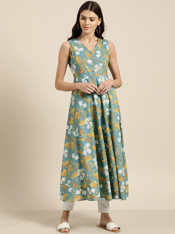 Women's Turquoise Floral Sleeveless Flared Kurta - SHAE