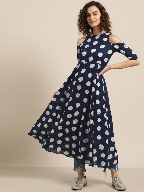 Women's Navy Polka Cold Shoulder Midi Kurta - SHAE