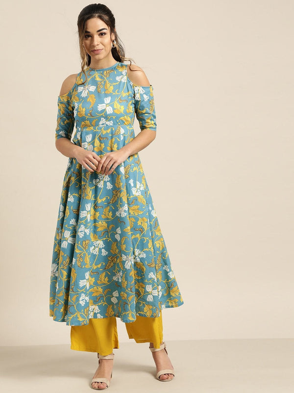 Women's Turquoise Floral Cold Shoulder Midi Kurta - SHAE