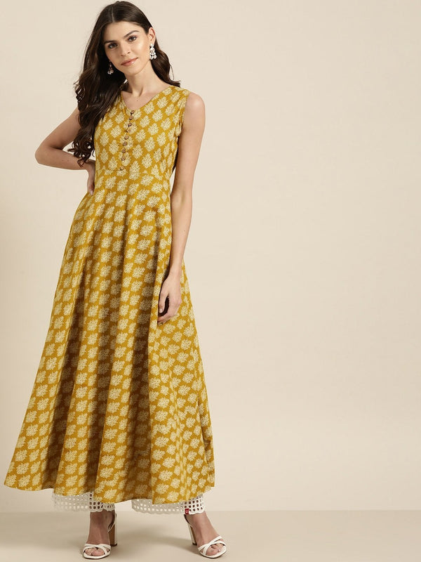 Women's Mustard Floral Sleeveless Flared Kurta - SHAE