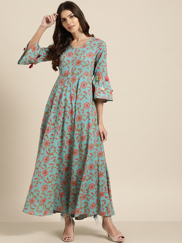 Women's Teal Blue Floral Flared Kurta - SHAE