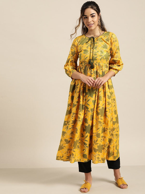 Women's Mustard Foil Floral Foil Gathered Kurta - SHAE