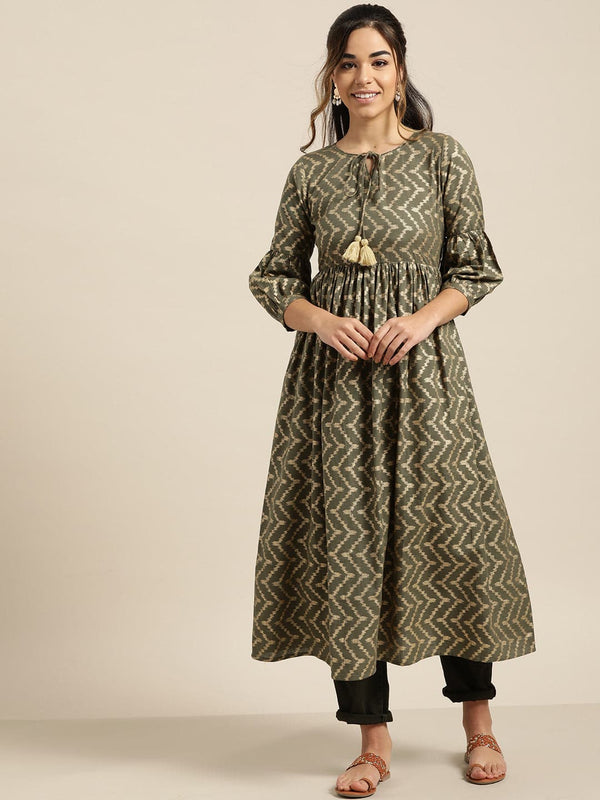 Women's Olive Foil Chevron Gathered Kurta - Lyush