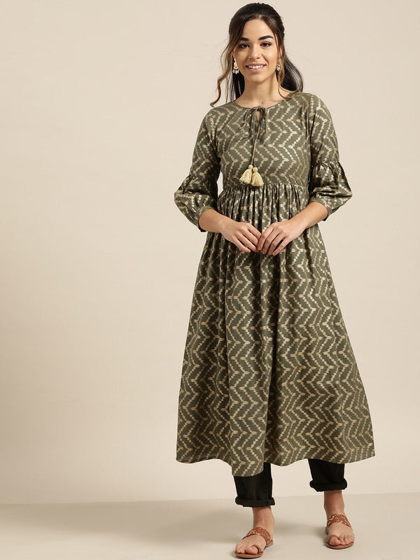 Women's Olive Foil Chevron Gathered Kurta - SHAE