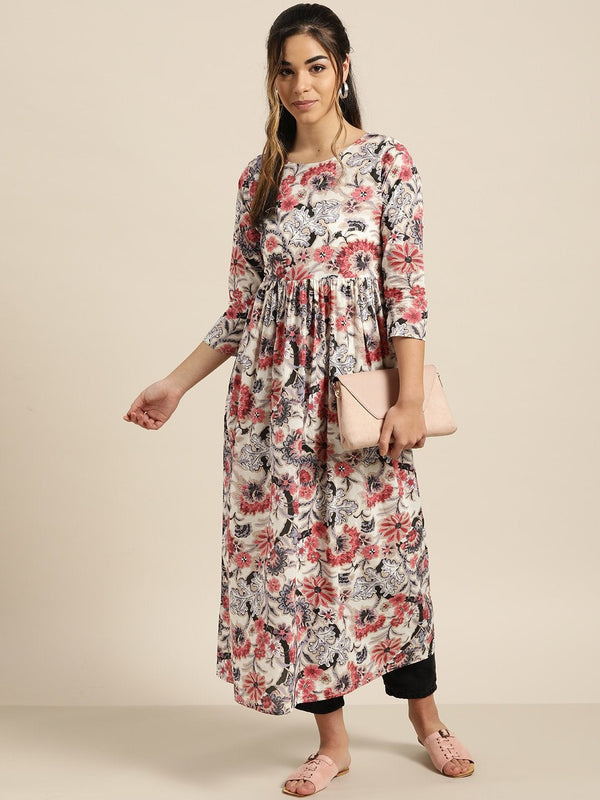 Women's Off-White Floral Gathered Midi Kurta - SHAE