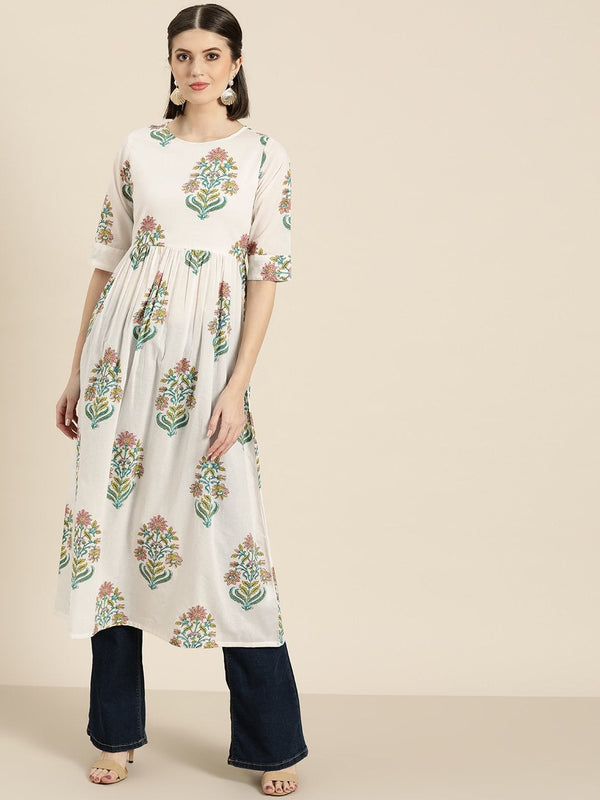 Women's White Floral Gathered Kurta - SHAE