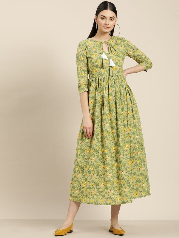 Women's Green Floral Front Keyhole Gathered Kurta - SHAE