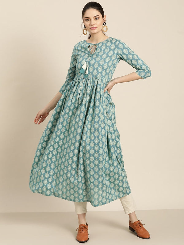 Women's Teal Printed Front Keyhole Gathered Kurta - SHAE