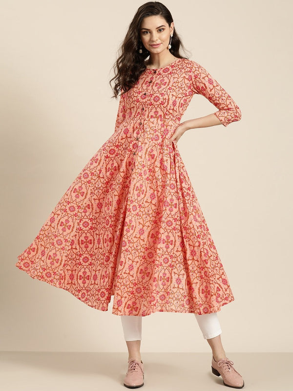 Women's Peach Floral Front Open Anarkali Kurta - SHAE