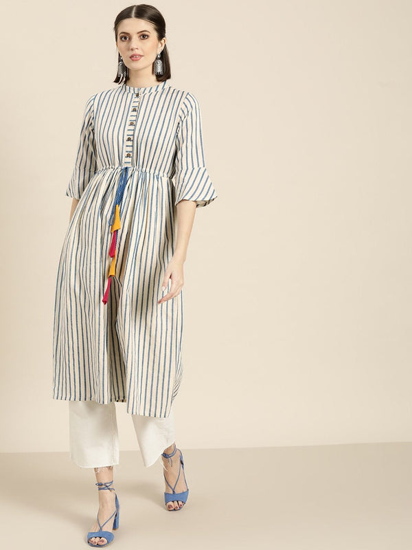 Women's Navy Stripes Drawstring Kurta - SHAE