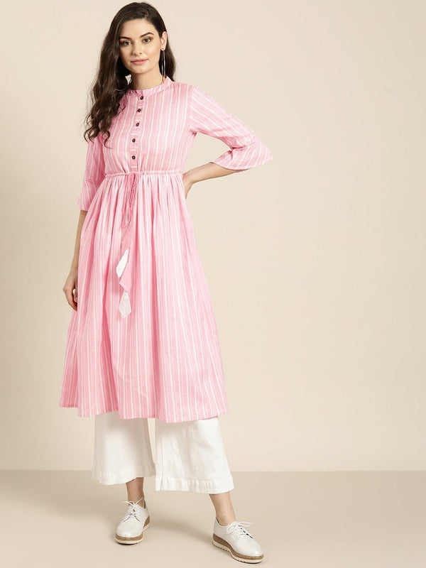 Women's Pink Stripes Drawstring Kurta - SHAE