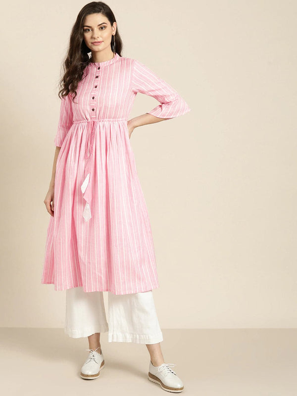 Women's Pink Stripes Drawstring Kurta - Lyush