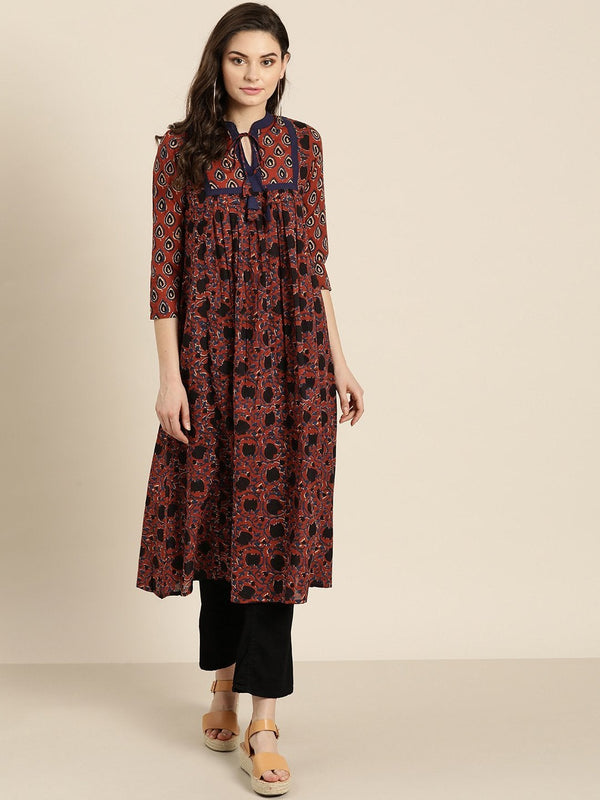 Women's Maroon Printed Square Yoke Gathered Kurta - SHAE