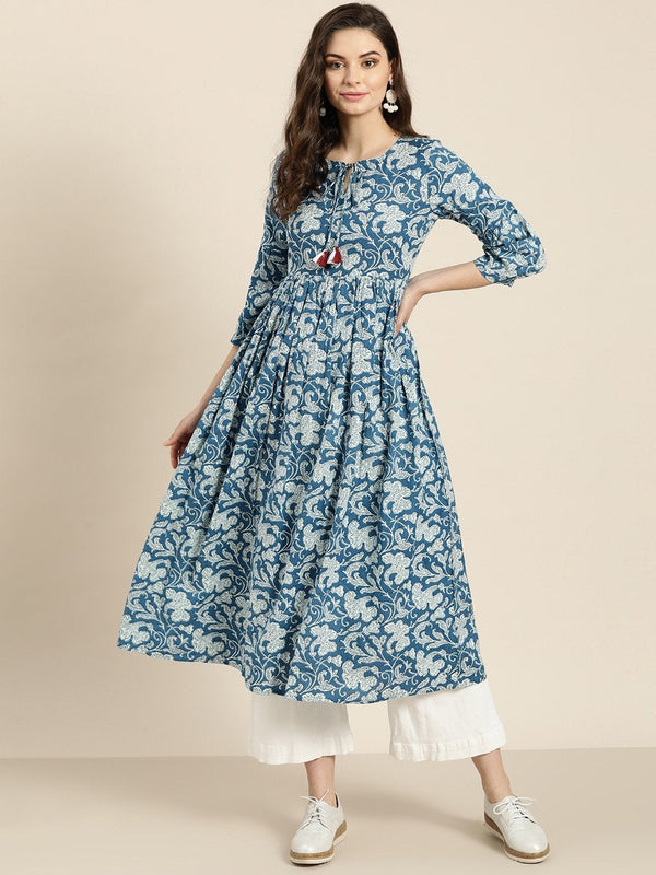 Women's Blue Floral Gathered Kurta - SHAE