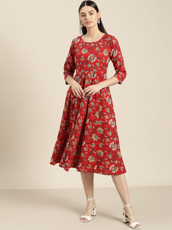 Women's Red Floral Anarkali Kurta - SHAE