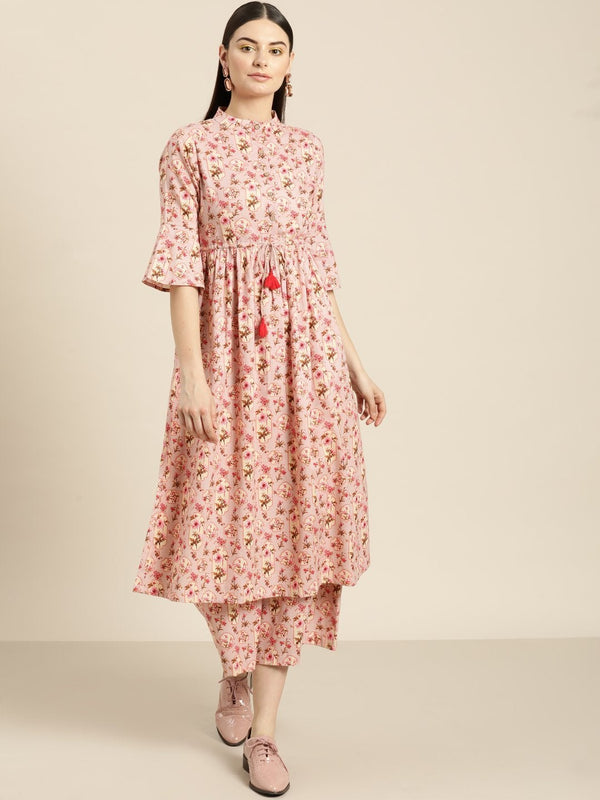 Women's Baked Pink Floral Drawstring Kurta - SHAE